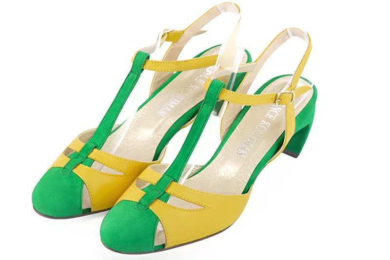 Emerald green and yellow women's open back T-strap shoes. Round toe. Medium comma heels. Front view - Florence KOOIJMAN